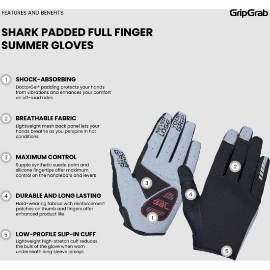 GripGrab - Shark Padded Full Finger Summer Gloves, Size: M, Color: Black